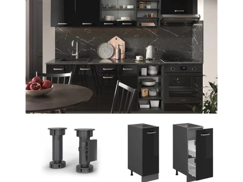 Vicco Apothekerschrank R-Line Schwarz Hochglanz/Anthrazit 30 cm ohne Arbeitsplatte Schwarz Glänzend