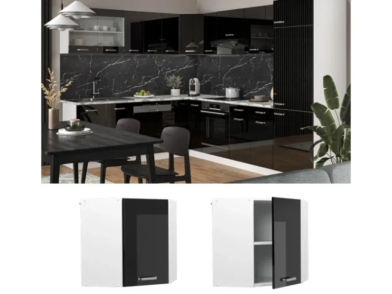 Küchenschränke<Vicco Eckhängeschrank R-Line Küchen-Eckschrank Schwarz Hochglanz/Weiß 57 cm