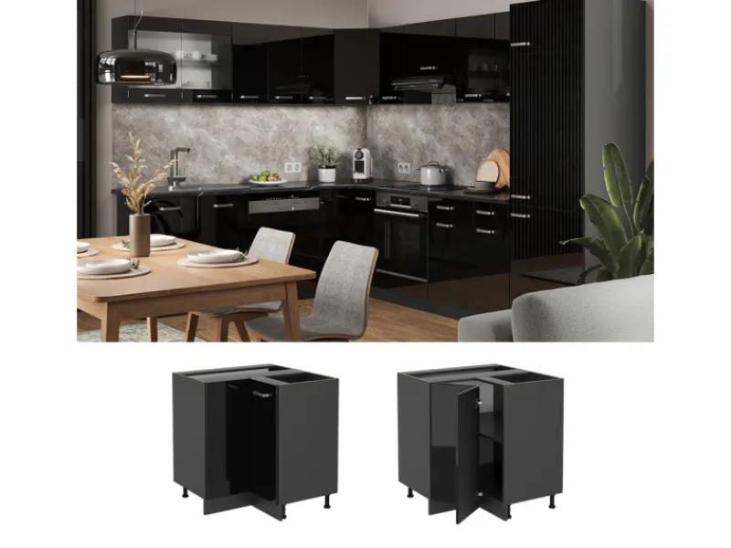 Küchenschränke<Vicco Eckunterschrank R-Line Schwarz Hochglanz/Anthrazit 76 cm ohne Arbeitsplatte