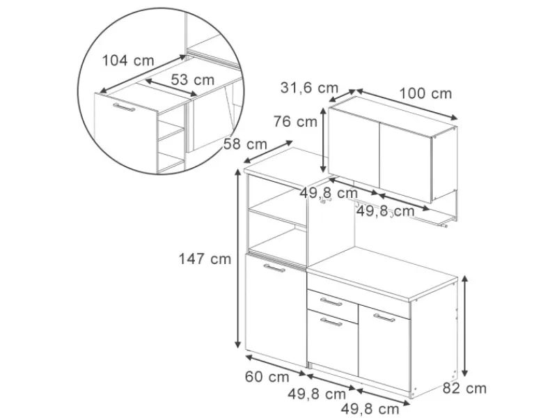 Single-Küchen<Vicco Egbert Küchenzeile 160 cm mit Ausziehbarem Tisch mit LED-LeistenEgbert ohne E-Geräte
