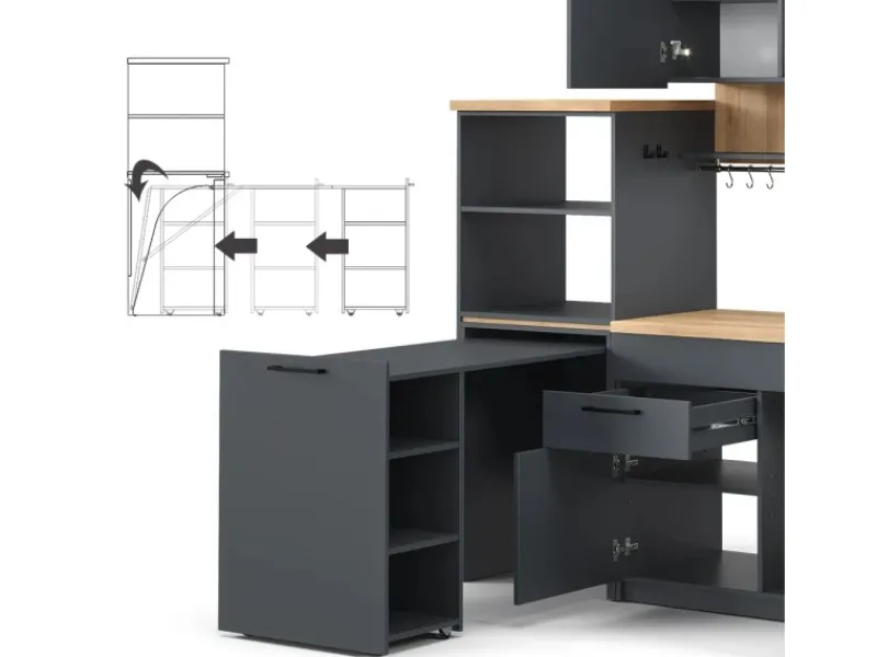 Single-Küchen<Vicco Egbert Küchenzeile 160 cm mit Ausziehbarem Tisch mit LED-LeistenEgbert ohne E-Geräte