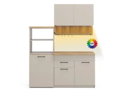 Single-Küchen<Vicco Egbert SingleKüche Greige 160 cm mit Ausziehbarem Tisch mit LED-LeistenEgbert ohne E-Geräte