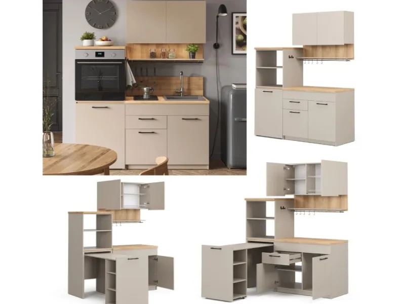 Single-Küchen<Vicco Egbert SingleKüche Greige 160 cm mit Ausziehbarem Tisch mit LED-LeistenEgbert ohne E-Geräte