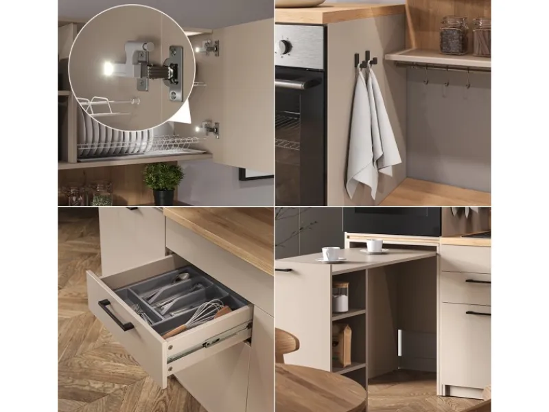 Single-Küchen<Vicco Egbert SingleKüche Greige 160 cm mit Ausziehbarem Tisch mit LED-LeistenEgbert ohne E-Geräte