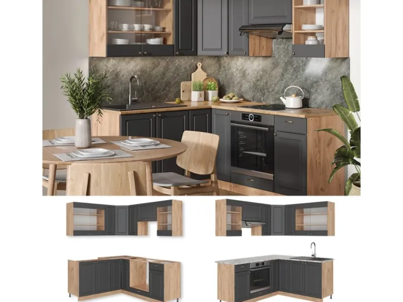 Vicco Fame-Line Eckküche Anthrazit Landhaus/Goldkraft Eiche 160 x 190 cm AP Eiche ohne E-Geräte< Winkelküchen