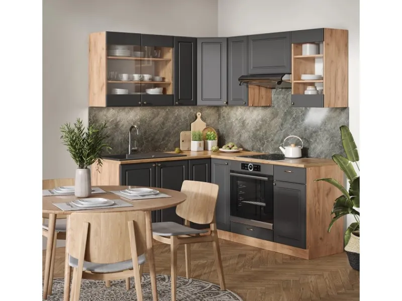 Vicco Fame-Line Eckküche Anthrazit Landhaus/Goldkraft Eiche 160 x 190 cm AP Eiche ohne E-Geräte< Winkelküchen