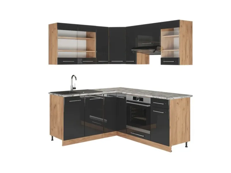 Clearance Vicco Fame-Line Eckküche /Goldkraft Eiche 160 x 190 cm AP Marmor ohne E-Geräte Anthrazit Hochglanz