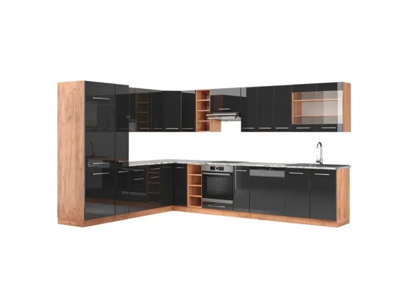 Best Vicco Fame-Line Eckküche /Goldkraft Eiche 347 x 257 cm AP Marmor ohne E-Geräte Anthrazit Hochglanz