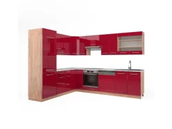 Winkelküchen<Vicco Fame-Line Eckküche Bordeaux Hochglanz/Goldkraft Eiche 227 x 287 cm AP Marmor ohne E-Geräte