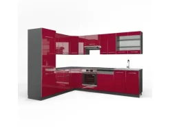 Winkelküchen<Vicco Fame-Line Eckküche Bordeaux Hochglanz/Anthrazit 227 x 60 cm ohne Arbeitsplatte ohne E-Geräte