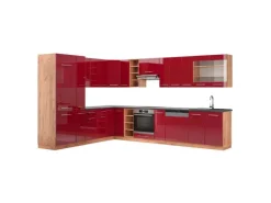 Winkelküchen<Vicco Fame-Line Eckküche Bordeaux Hochglanz/Goldkraft Eiche 347 x 257 cm AP Anthrazit ohne E-Geräte