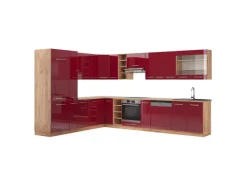 Vicco Fame-Line Eckküche Bordeaux Hochglanz/Goldkraft Eiche 347 x 257 cm ohne Arbeitsplatte ohne E-Geräte< Winkelküchen