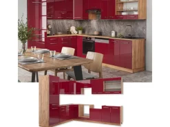 Clearance Vicco Fame-Line Eckküche Bordeaux Hochglanz/Goldkraft Eiche 227 x 60 cm ohne Arbeitsplatte ohne E-Geräte Bordeaux-Glanz