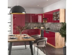 Hot Vicco Fame-Line Eckküche Bordeaux Hochglanz/Goldkraft Eiche 347 x 257 cm AP Marmor ohne E-Geräte Bordeaux-Glanz