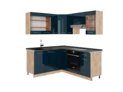 Discount Vicco Fame-Line Eckküche Hochglanz/Goldkraft Eiche 160 x 190 cm AP Anthrazit ohne E-Geräte Dunkelblau