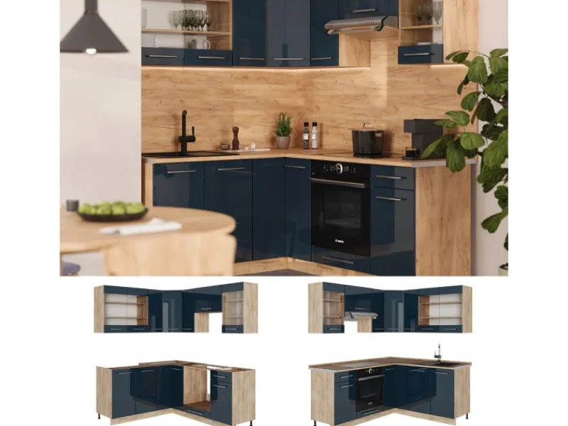 Discount Vicco Fame-Line Eckküche Hochglanz/Goldkraft Eiche 160 x 190 cm AP Anthrazit ohne E-Geräte Dunkelblau