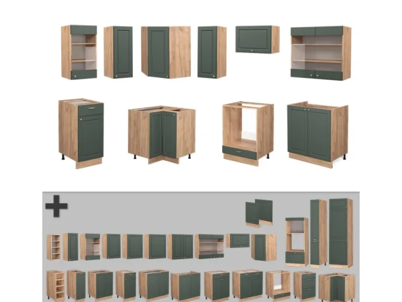 New Vicco Fame-Line Eckküche -Gold Landhaus/Goldkraft Eiche 160 x 60 cm ohne Arbeitsplatte ohne E-Geräte Grün