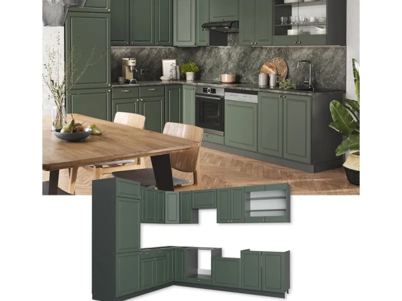 Winkelküchen<Vicco Fame-Line Eckküche -Gold Landhaus/Anthrazit 227 x 60 cm ohne Arbeitsplatte ohne E-Geräte