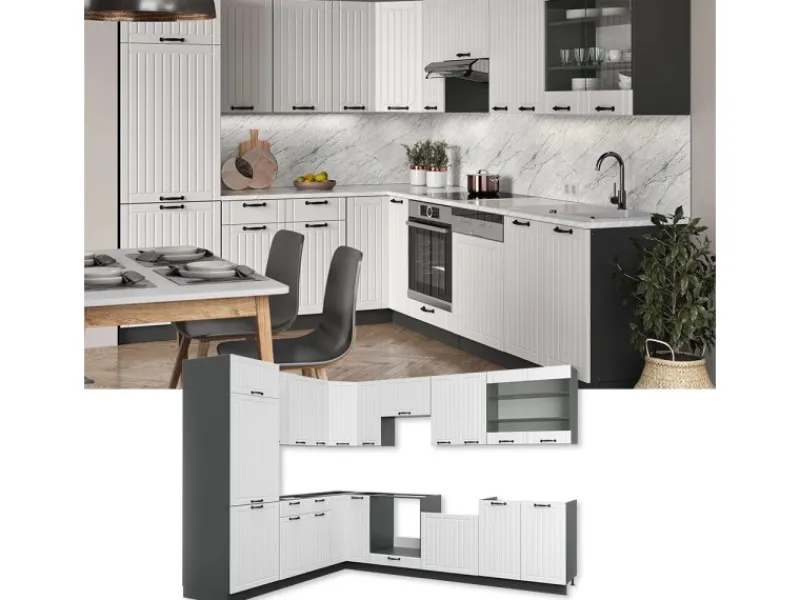 Vicco Fame-Line Eckküche Weiß Landhaus/Anthrazit 227 x 287 cm AP Eiche ohne E-Geräte< Winkelküchen|Einbauküchen