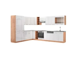 Winkelküchen<Vicco Fame-Line Eckküche Weiß Hochglanz/Goldkraft Eiche 347 x 257 cm AP Marmor ohne E-Geräte