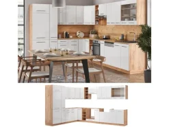 Winkelküchen<Vicco Fame-Line Eckküche Weiß Hochglanz/Goldkraft Eiche 347 x 257 cm ohne Arbeitsplatte ohne E-Geräte