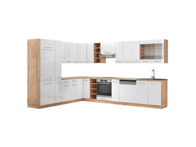Winkelküchen<Vicco Fame-Line Eckküche Weiß Hochglanz/Goldkraft Eiche 347 x 257 cm AP Eiche ohne E-Geräte