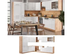 Vicco Fame-Line Eckküche Weiß Hochglanz/Goldkraft Eiche 347 x 257 cm AP Anthrazit ohne E-Geräte< Winkelküchen