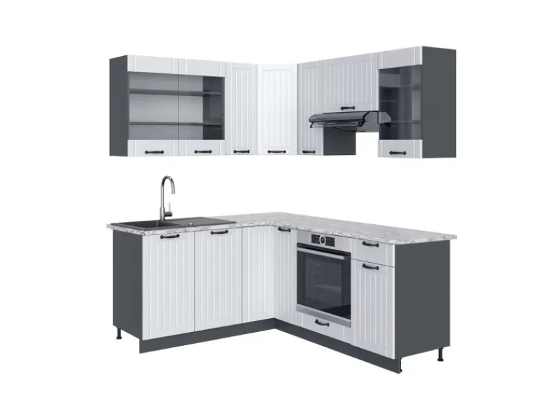 Winkelküchen<Vicco Fame-Line Eckküche Weiß Landhaus/Anthrazit 160 x 190 cm AP Marmor ohne E-Geräte