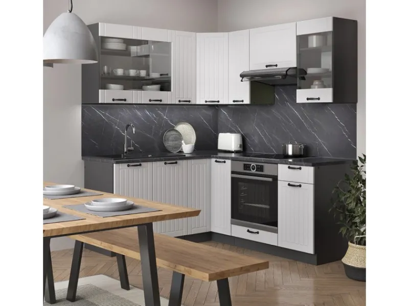 Winkelküchen<Vicco Fame-Line Eckküche Weiß Landhaus/Anthrazit 160 x 190 cm AP Marmor ohne E-Geräte