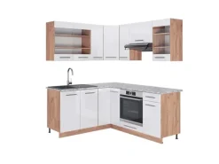 New Vicco Fame-Line Eckküche Weiß Hochglanz/Goldkraft Eiche 160 x 190 cm AP Marmor ohne E-Geräte Hochglanz Weiß