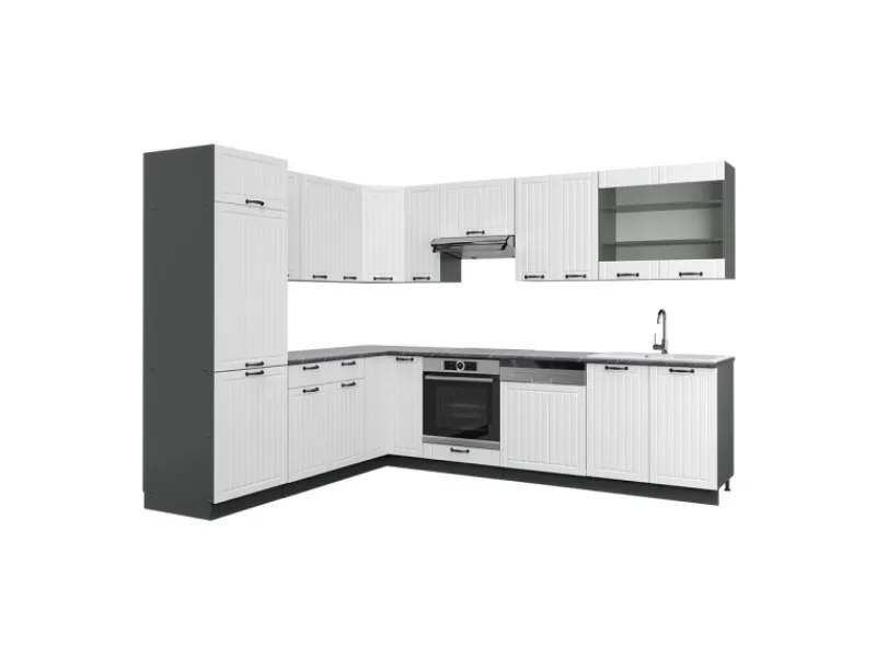 New Vicco Fame-Line Eckküche Weiß Landhaus/Anthrazit 227 x 287 cm AP Anthrazit ohne E-Geräte Weiß Strukturiert