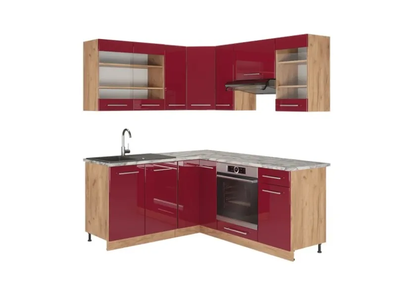 Kochfelder|Kühlschränke<Vicco Fame-Line Küchenschränke Bordeaux Hochglanz/Goldkraft Eiche 160 x 190 cm AP Marmor ohne E-Geräte
