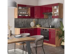 Kochfelder|Kühlschränke<Vicco Fame-Line Küchenschränke Bordeaux Hochglanz/Goldkraft Eiche 160 x 190 cm AP Marmor ohne E-Geräte