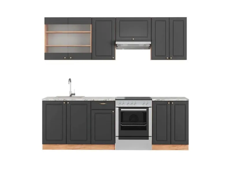 Einbauküchen<Vicco Fame-Line Küchenschränke Anthrazit Landhaus/Goldkraft Eiche 240 cm AP Marmor ohne E-Geräte