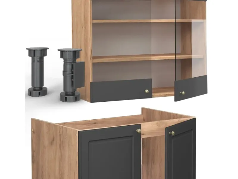 Einbauküchen<Vicco Fame-Line Küchenschränke Anthrazit Landhaus/Goldkraft Eiche 240 cm AP Marmor ohne E-Geräte