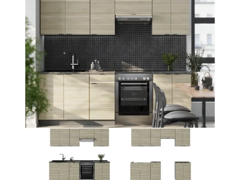 Einbauküchen<Vicco Fame-Line Küchenschränke Eiche Paneel/Anthrazit 240 cm AP Marmor ohne E-Geräte