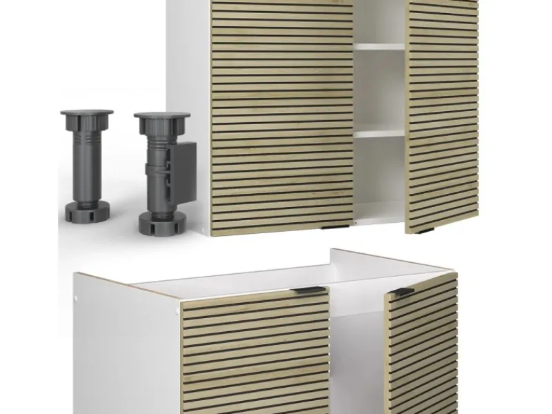 Vicco Fame-Line Küchenschränke Eiche Paneel/Weiß 200 cm AP Marmor ohne E-Geräte< Einbauküchen