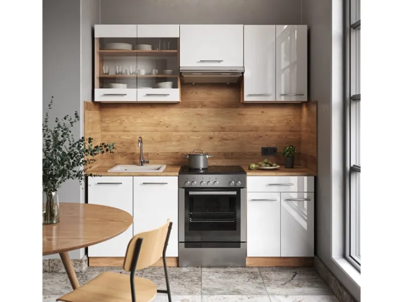 Vicco Fame-Line Küchenschränke Weiß Hochglanz/Goldkraft Eiche 200 cm AP Anthrazit ohne E-Geräte< Einbauküchen