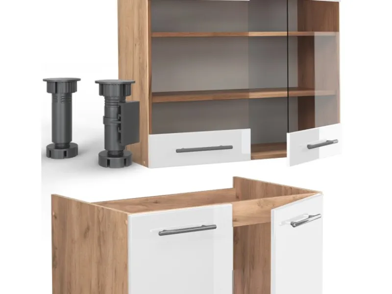 Vicco Fame-Line Küchenschränke Weiß Hochglanz/Goldkraft Eiche 200 cm AP Anthrazit ohne E-Geräte< Einbauküchen