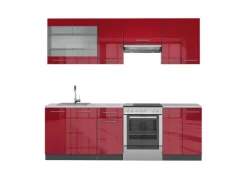 Best Vicco Fame-Line Küchenzeile Bordeaux Hochglanz/Anthrazit 240 cm AP Marmor ohne E-Geräte Brilliant Bordeaux