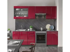 Best Vicco Fame-Line Küchenzeile Bordeaux Hochglanz/Anthrazit 240 cm AP Marmor ohne E-Geräte Brilliant Bordeaux