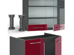 Best Vicco Fame-Line Küchenzeile Bordeaux Hochglanz/Anthrazit 240 cm AP Marmor ohne E-Geräte Brilliant Bordeaux