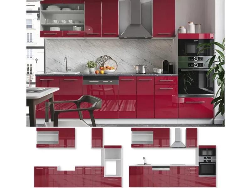 Vicco Fame-Line Küchenzeile Bordeaux Hochglanz/Weiß 300 cm mit HochschrankAP Eiche ohne E-Geräte< Einbauküchen