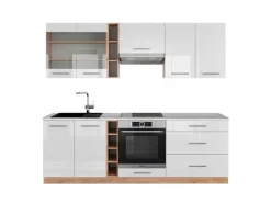 Vicco Fame-Line Küchenzeile Weiß Hochglanz/Goldkraft Eiche 235 cm AP Marmor ohne E-Geräte< Einbauküchen