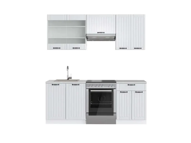 Einbauküchen<Vicco Fame-Line Küchenzeile Weiß Landhaus/Weiß 200 cm AP Marmor ohne E-Geräte