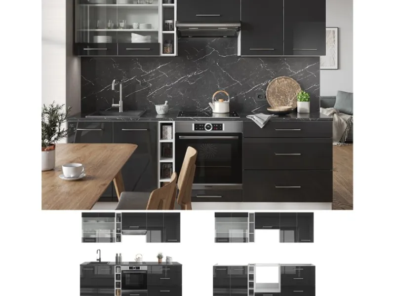 Discount Vicco Fame-Line Küchenzeile /Weiß 235 cm AP Anthrazit ohne E-Geräte Anthrazit Hochglanz