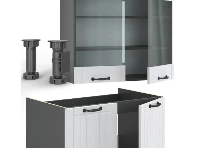 Vicco Fame-Line Küchenzeile Weiß Landhaus/Anthrazit 240 cm ohne Arbeitsplatte ohne E-Geräte< Einbauküchen