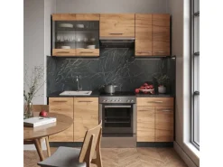 Vicco Fame-Line Küchenzeile Goldkraft Eiche/Anthrazit 200 cm AP Marmor ohne E-Geräte< Einbauküchen