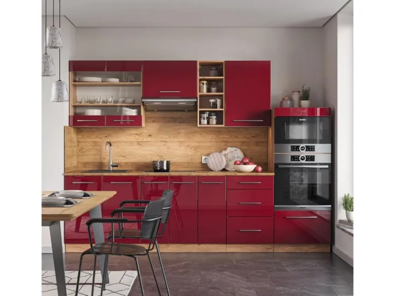 Vicco Fame-Line Küchenzeile Bordeaux Hochglanz/Goldkraft Eiche 280 cm AP Anthrazit ohne E-Geräte< Kochfelder
