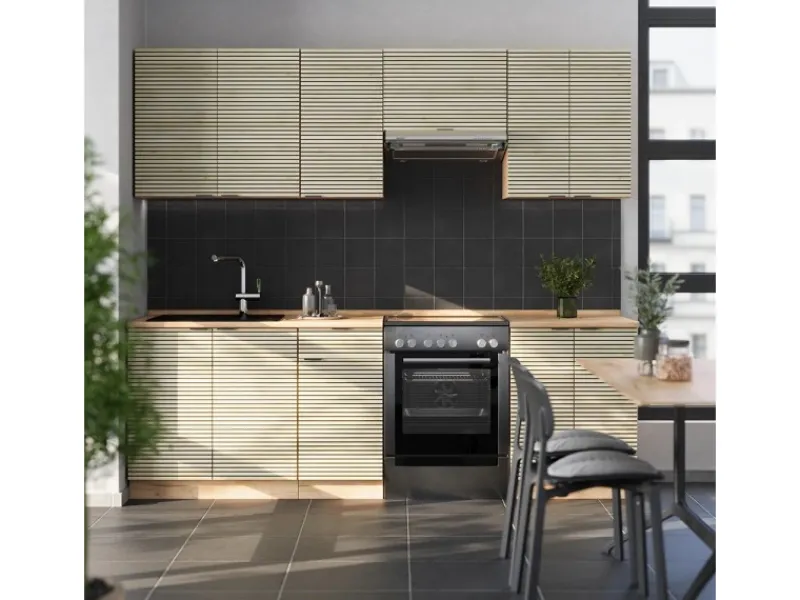 Vicco Fame-Line Küchenzeile Eiche Paneel/Goldkraft Eiche 240 cm AP Anthrazit ohne E-Geräte< Herde|Kühlschränke